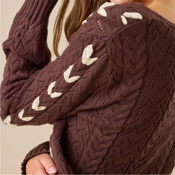 Altard State V-Neck Cable Knit Cropped Sweater Cardigan in Chocolate Brown - Picture 3 of 6